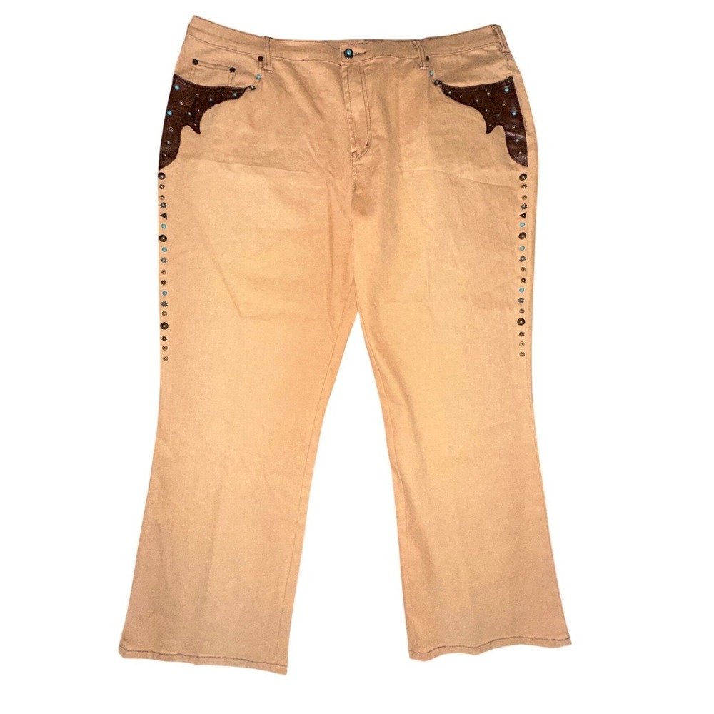 Western Tan Denim Pants Embellished Turquoise Studded Faux Leather Trim